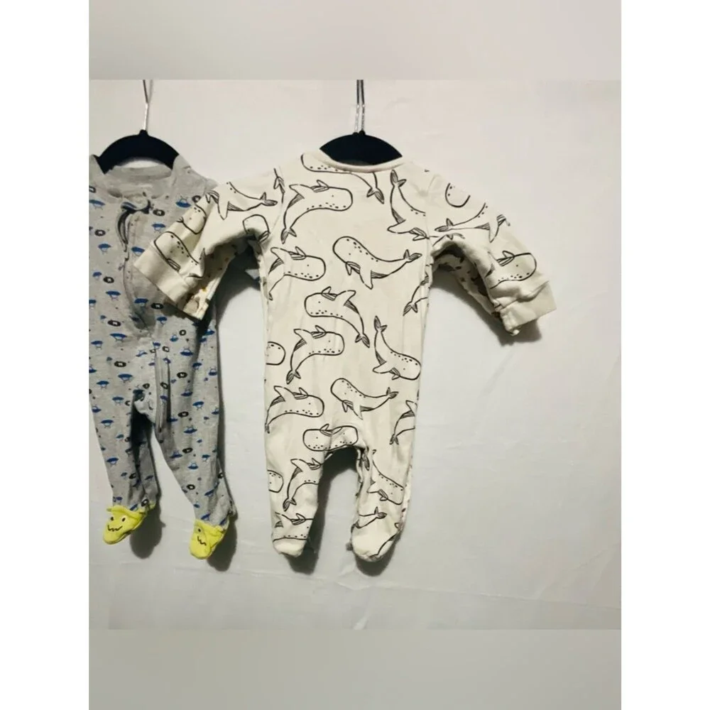 Lot of 3 Carter's Old Navy Baby Boy 6-9M Cotton Sleep and Play Whales Monsters